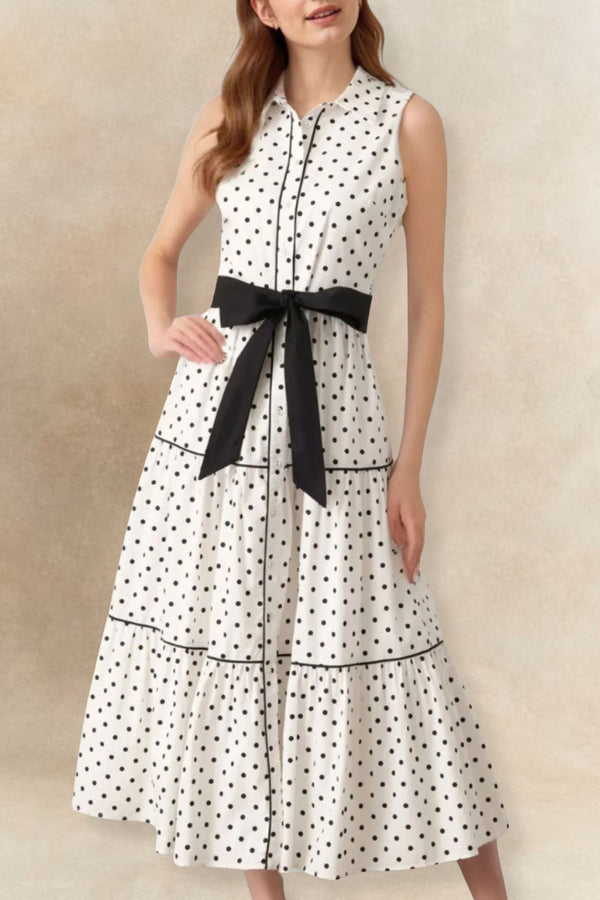 Daniela Robe Chemise Midi à Pois Sans Manches Ceinture à Nouer