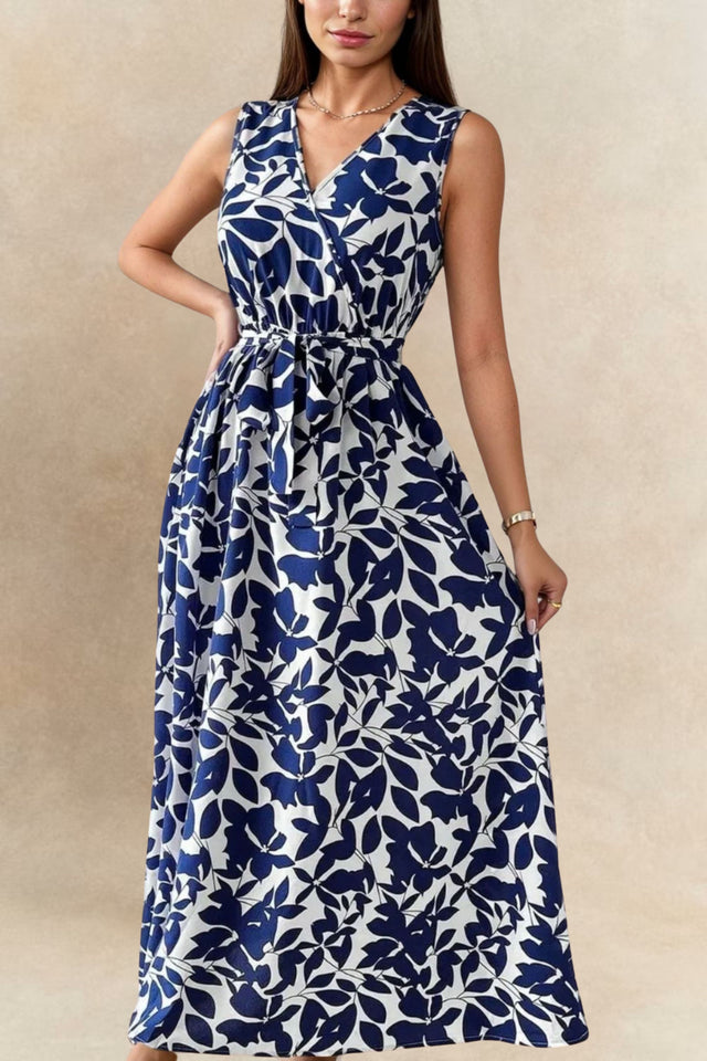 Georgia Maxi Dress Leaf Print Sleeveless Tie Waist