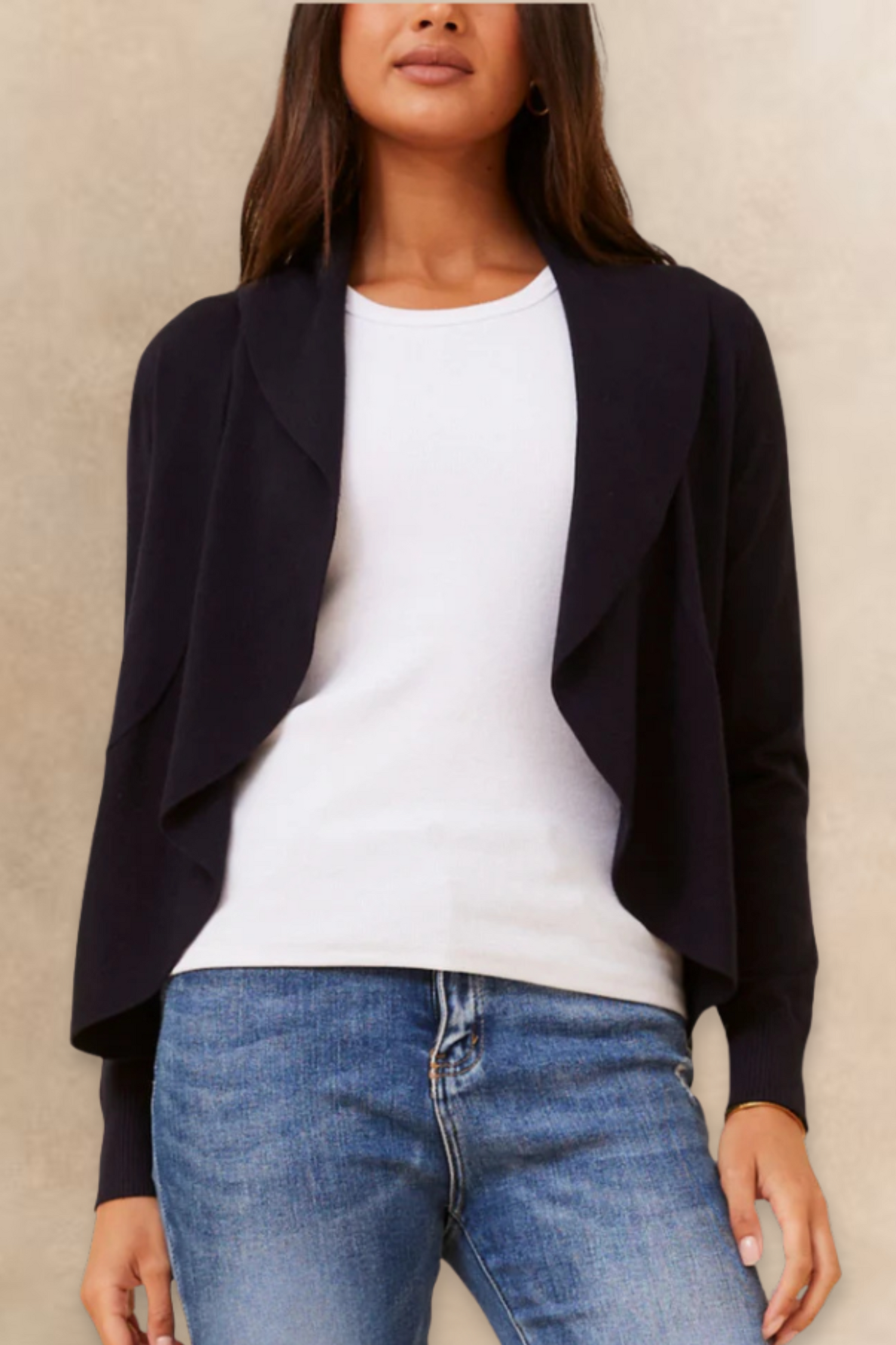 Alessia Lightweight Open-Front Black Cardigan Draped Waterfall Fit