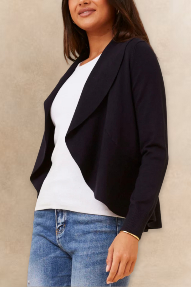 Alessia Cardigan Noir Femme Léger Ouvert Coupe Drapée Style Cascade