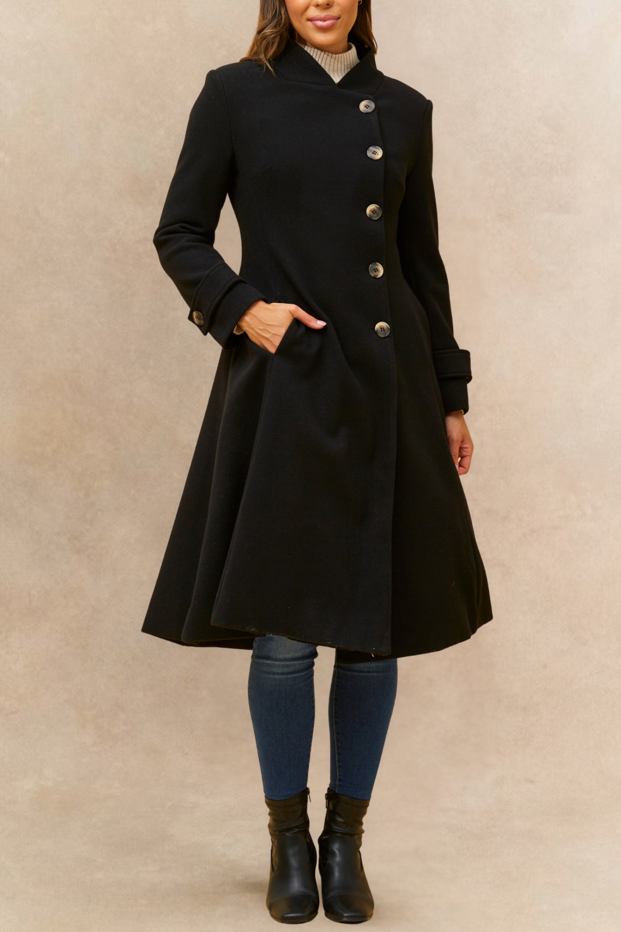 Harper Retro Flared Coat Side Buttons Elegant - Onze Montreal
