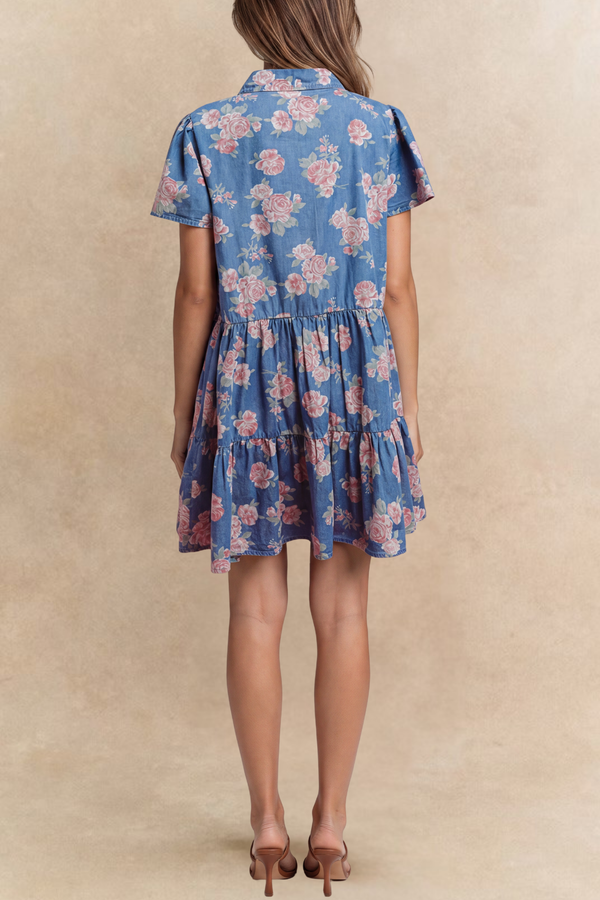 Oceane Robe Courte Volants Jean Imprimé Floral 