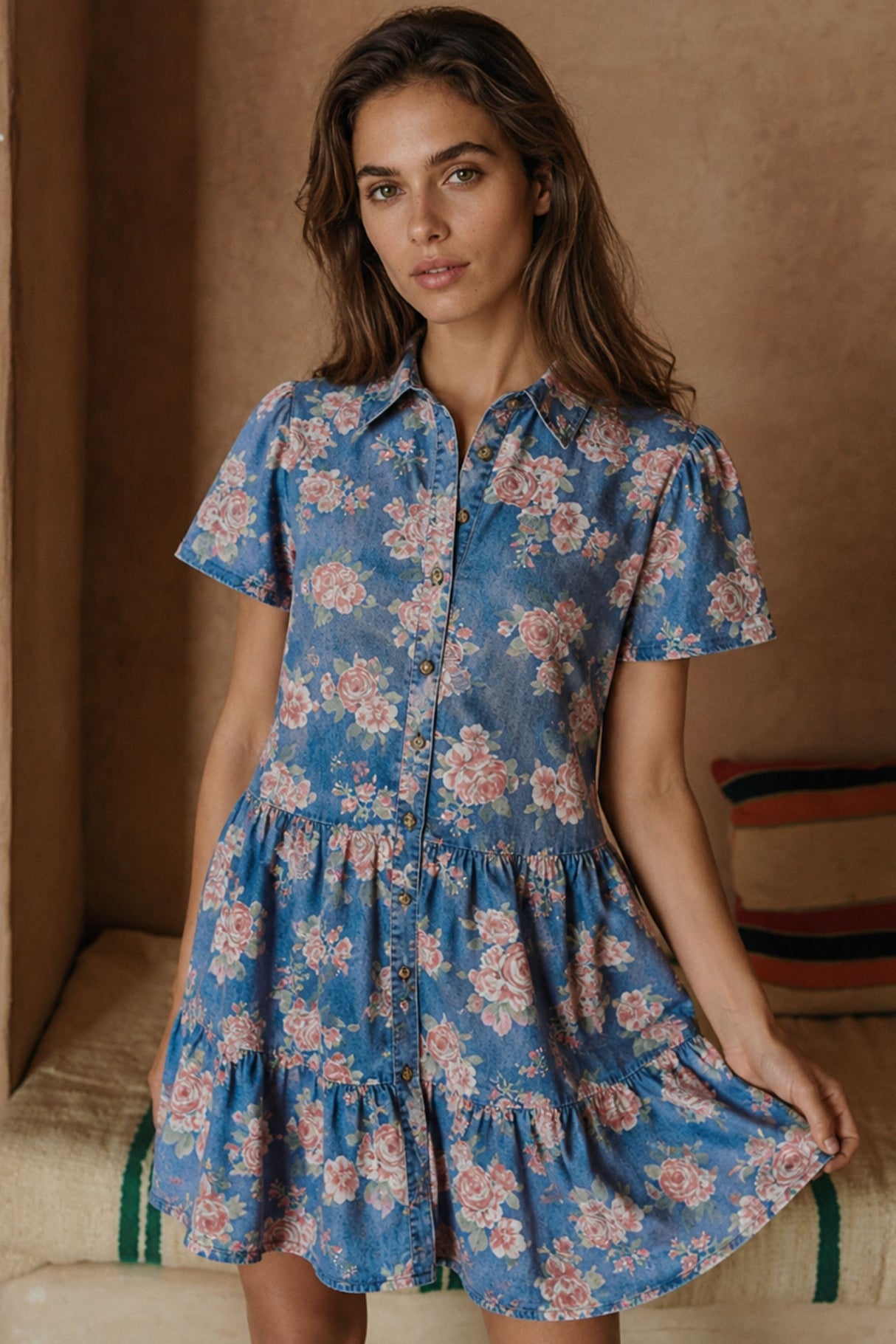 Oceane Robe Courte Volants Jean Imprimé Floral 