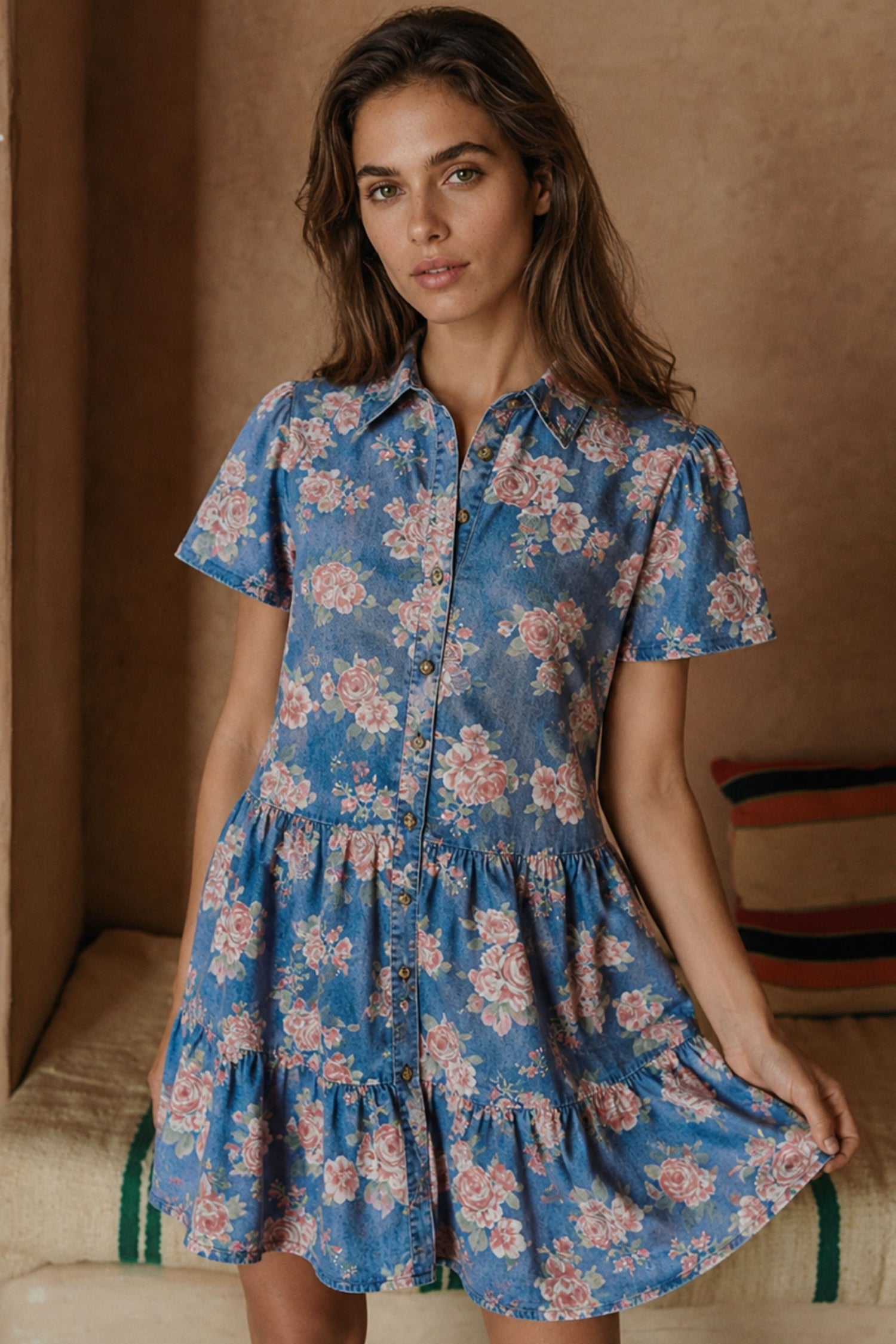 Oceane Robe Courte Volants Jean Imprimé Floral 
