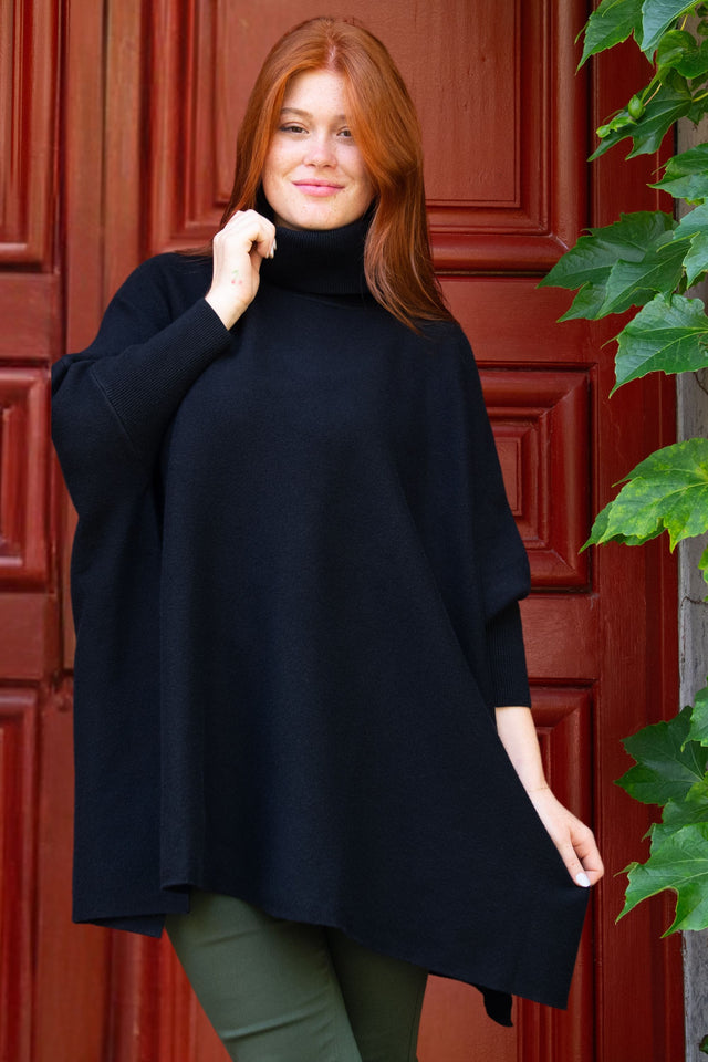 Olivia Pull Poncho Tricot Col Roulé Noir