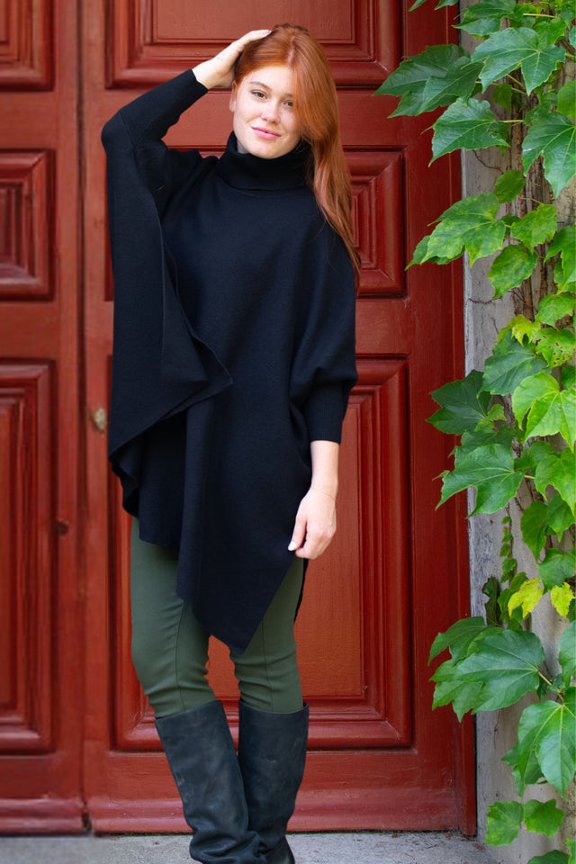 Olivia Pull Poncho Tricot Col Roulé Noir