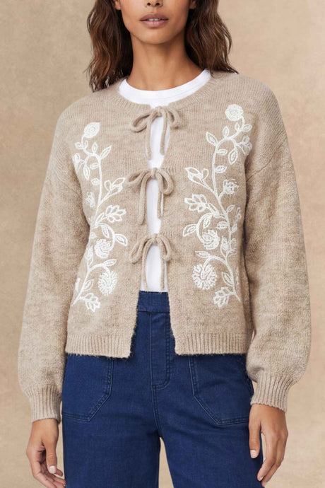 Ophélie Beige Embroidered Tie Cardigan