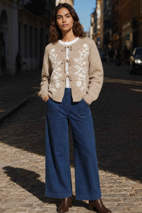 Ophélie Beige Embroidered Tie Cardigan