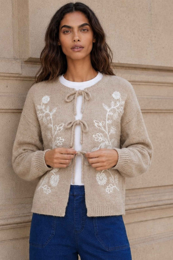 Ophélie Beige Embroidered Tie Cardigan