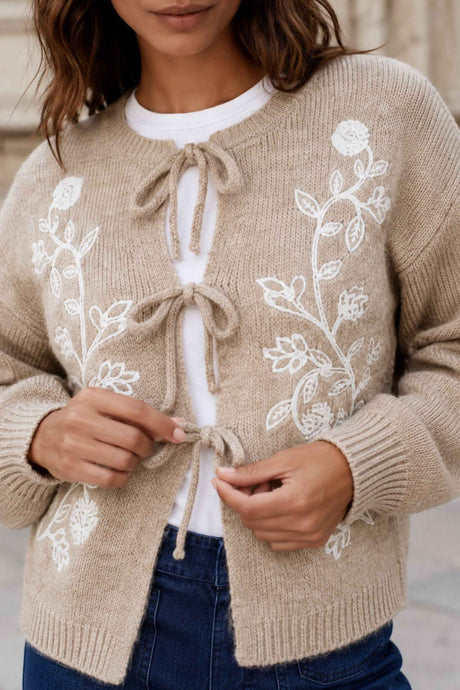 Ophélie Beige Embroidered Tie Cardigan