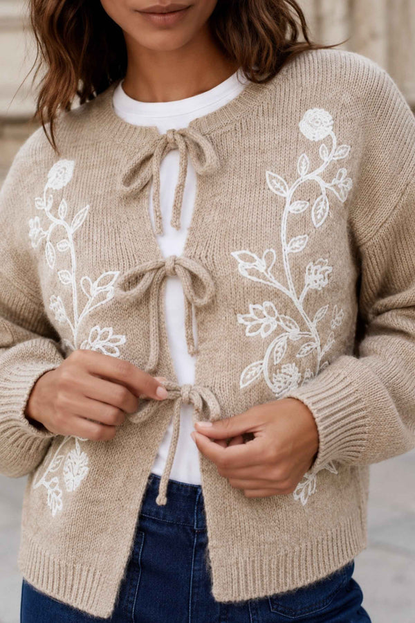 Ophélie Beige Embroidered Tie Cardigan