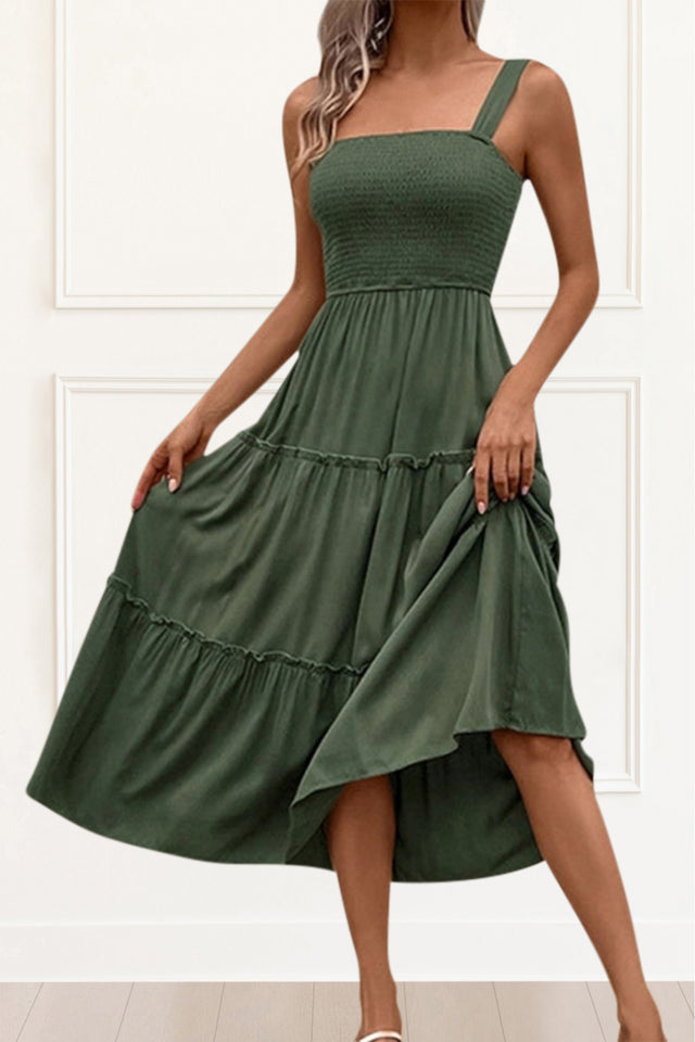 Pamela Smocking Dress Tiered Skirt - Onze Montreal Green / S Sold by Ô-MARCHÉ Seller