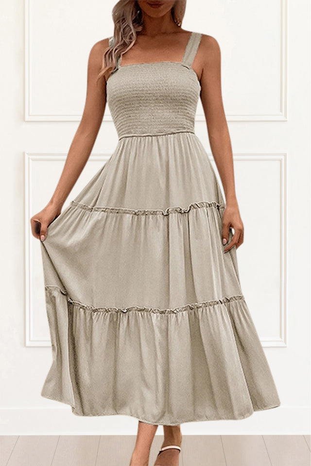 Pamela Smocking Dress Tiered Skirt - Onze Montreal Beige / S Sold by Ô-MARCHÉ Seller