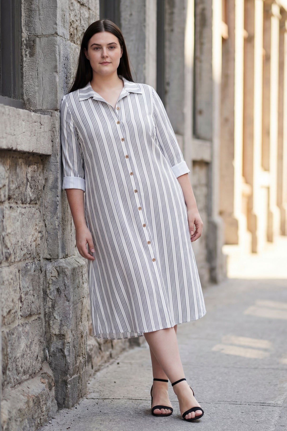 Paige Robe Midi Boutonnée Rayée Grande Taille