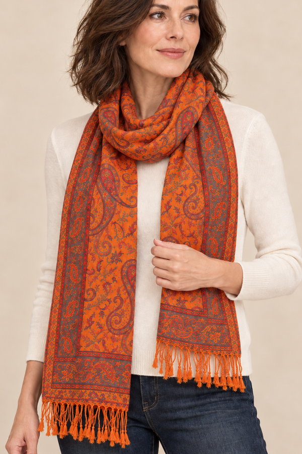 Pashmina Scarf Jacquard Paisley Orange