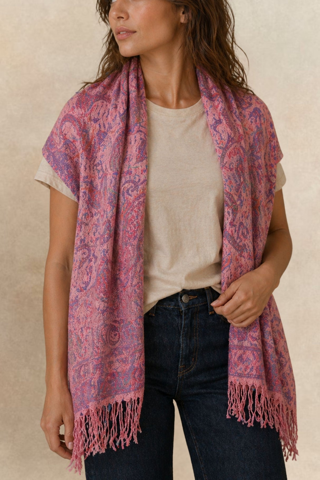 Écharpe Pashmina Jacquard Paisley Corail