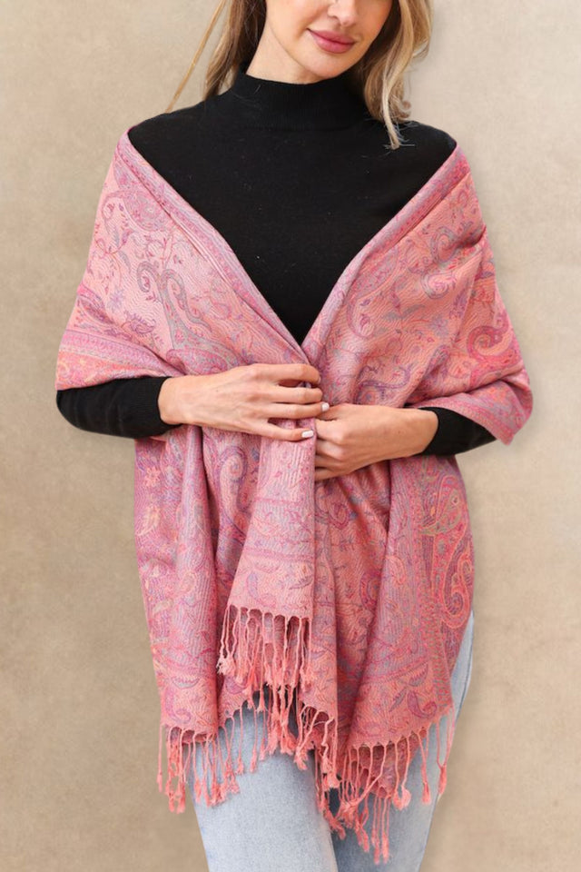Écharpe Pashmina Jacquard Paisley Corail