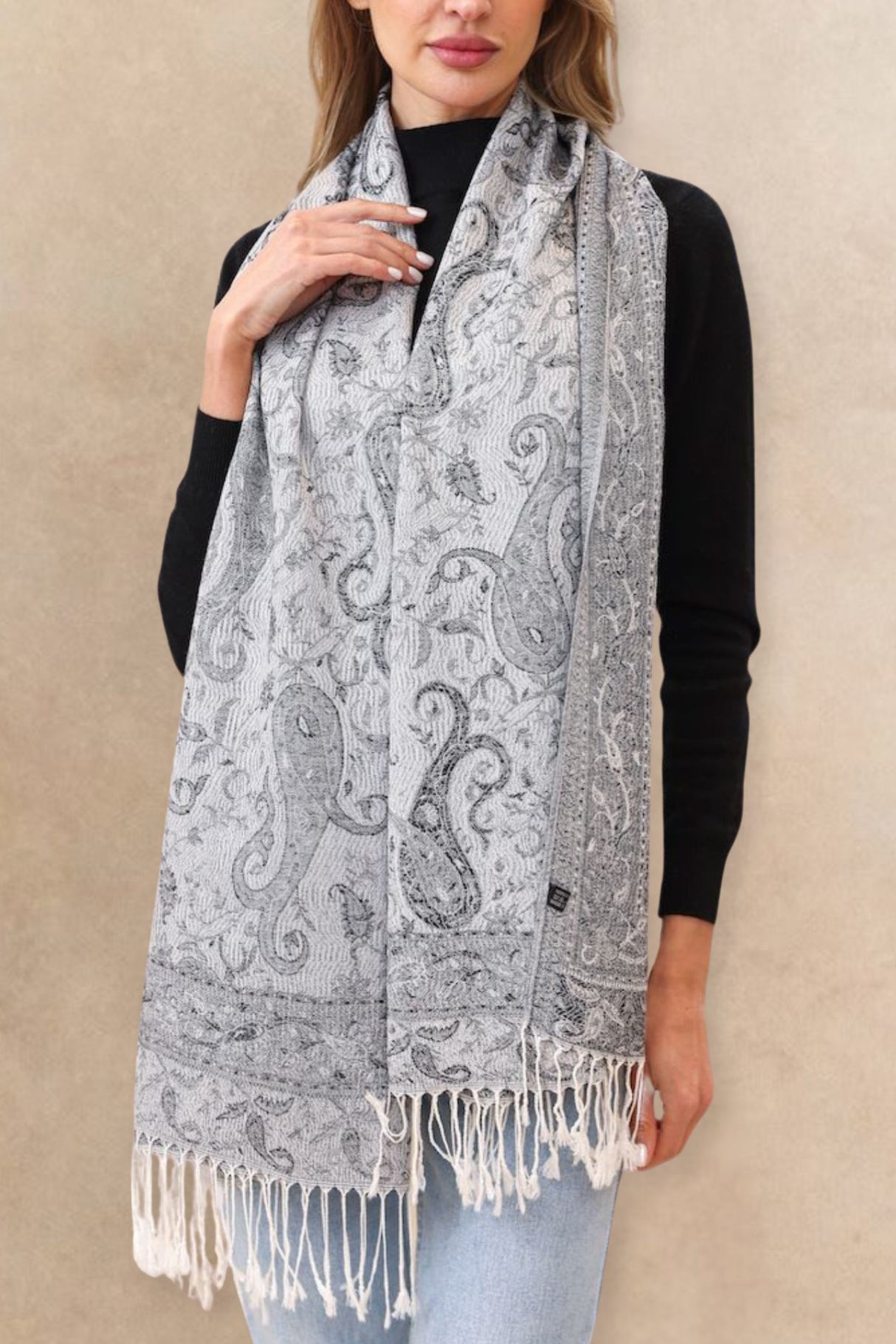 Écharpe Pashmina Jacquard Paisley Blanc