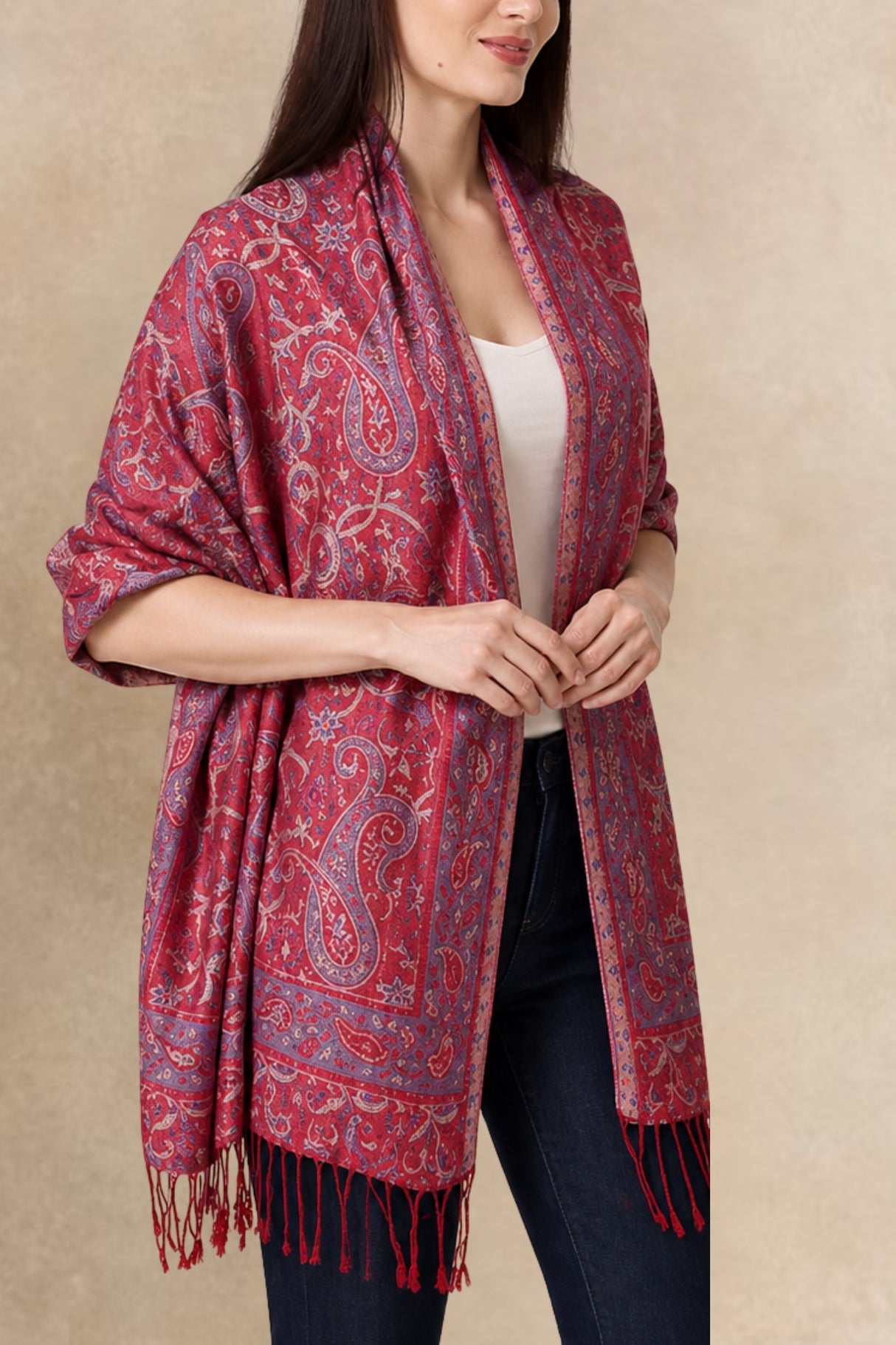 Pashmina Scarf Paisley Fringed Red
