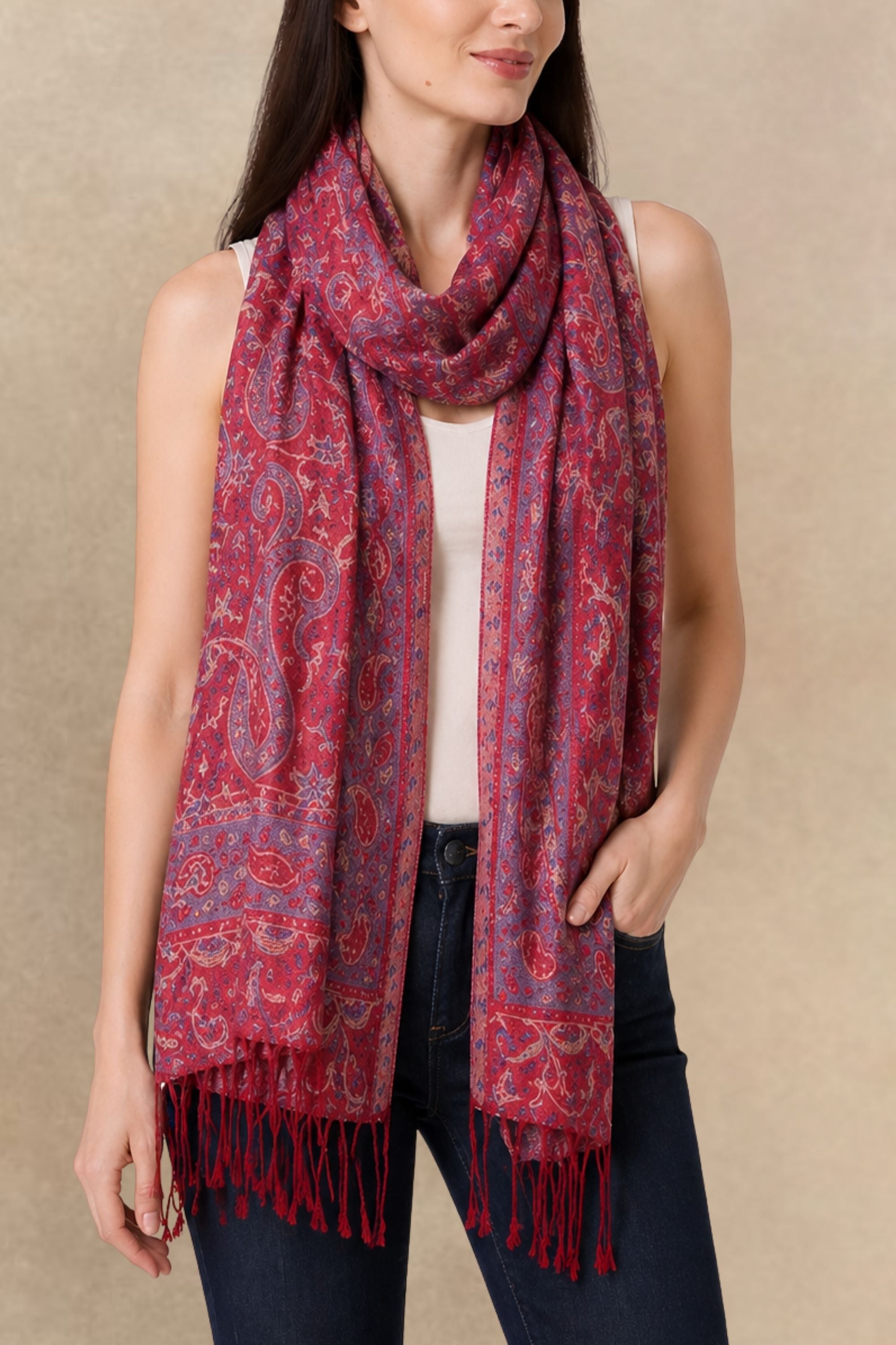 美品 希少 RUDE GALLERY paisley scarf Scarf Pashmina Paisley Fringed Red - Onze Montreal