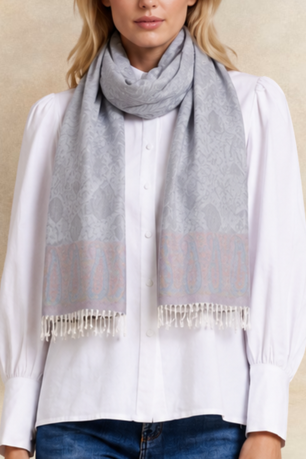 Pashmina Foulard Motif Cachemire Gris