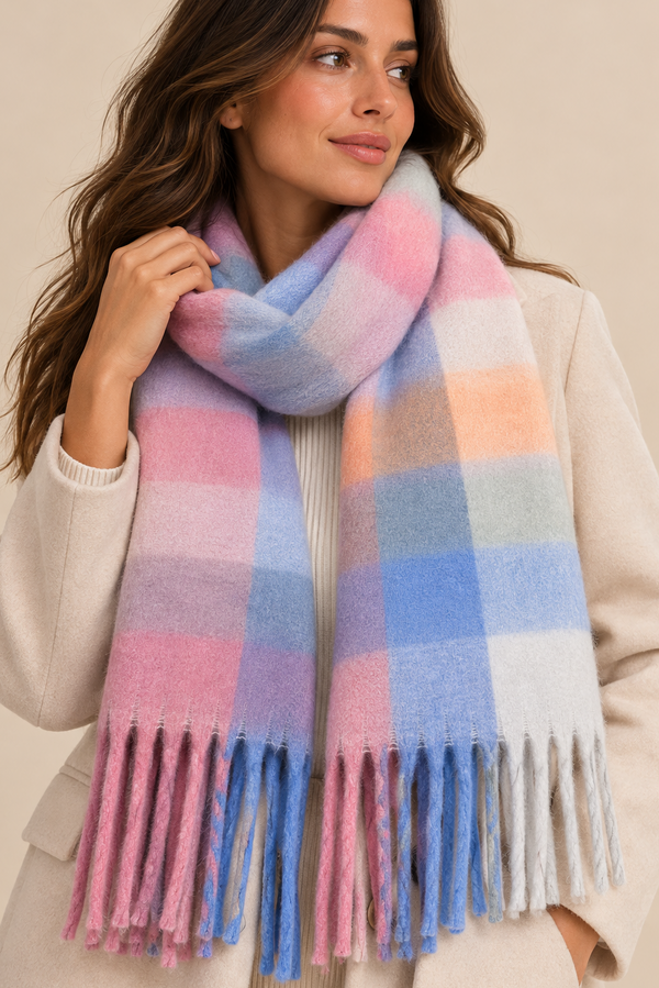 Foulard pastel à carreaux avec franges