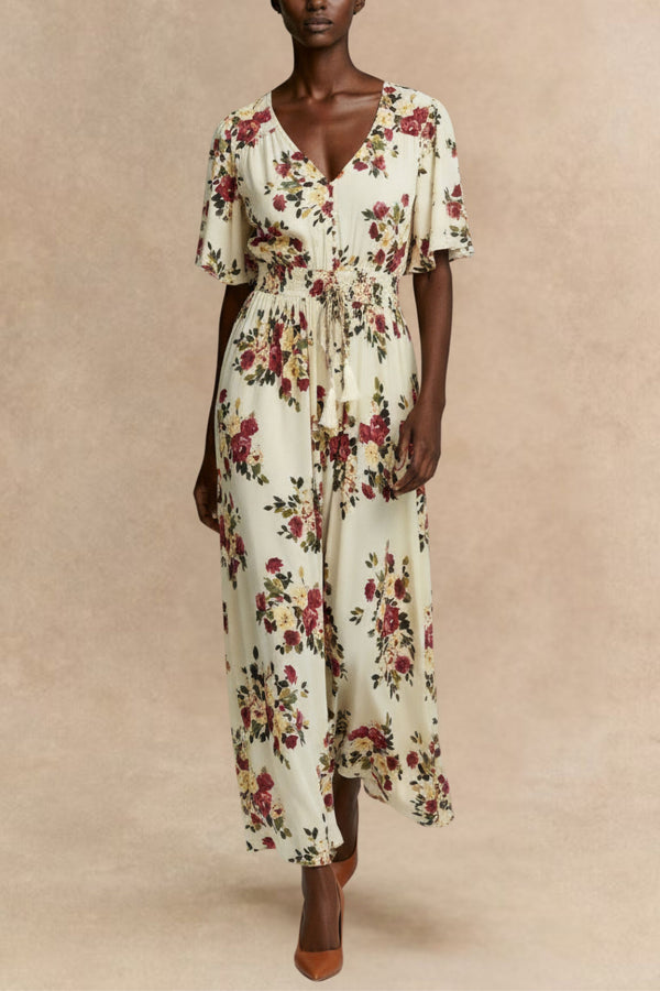 Danya Plus Size Floral Flutter Sleeve Maxi Dress Button Front