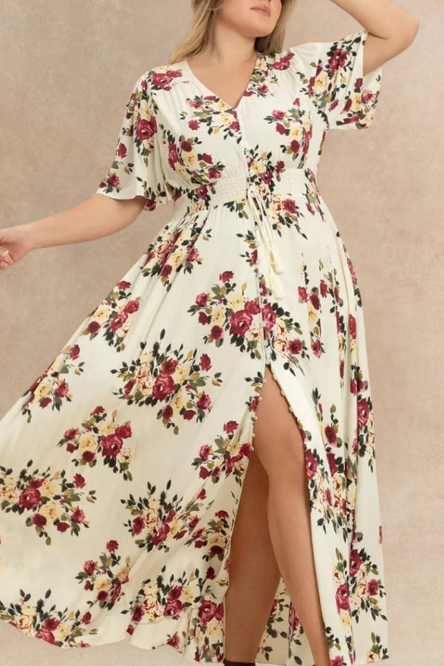 Plus Size Floral Flutter Sleeve Maxi Dress with Button Front