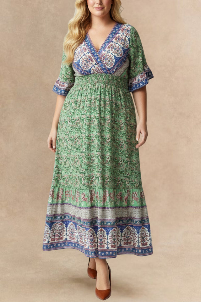 Robe Longue Bohème Imprimée Taille Smockée