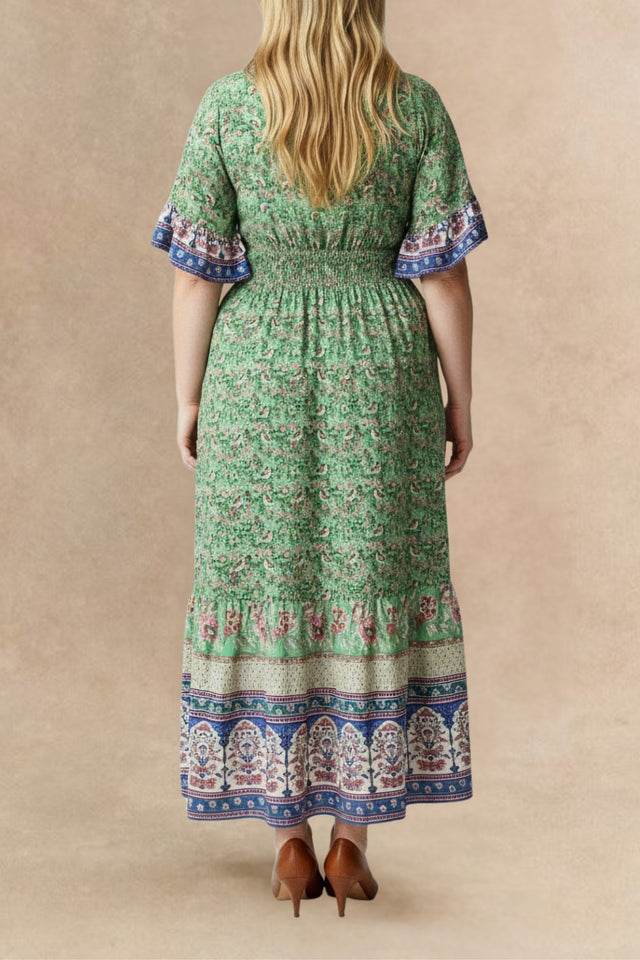 Robe Longue Bohème Imprimée Taille Smockée