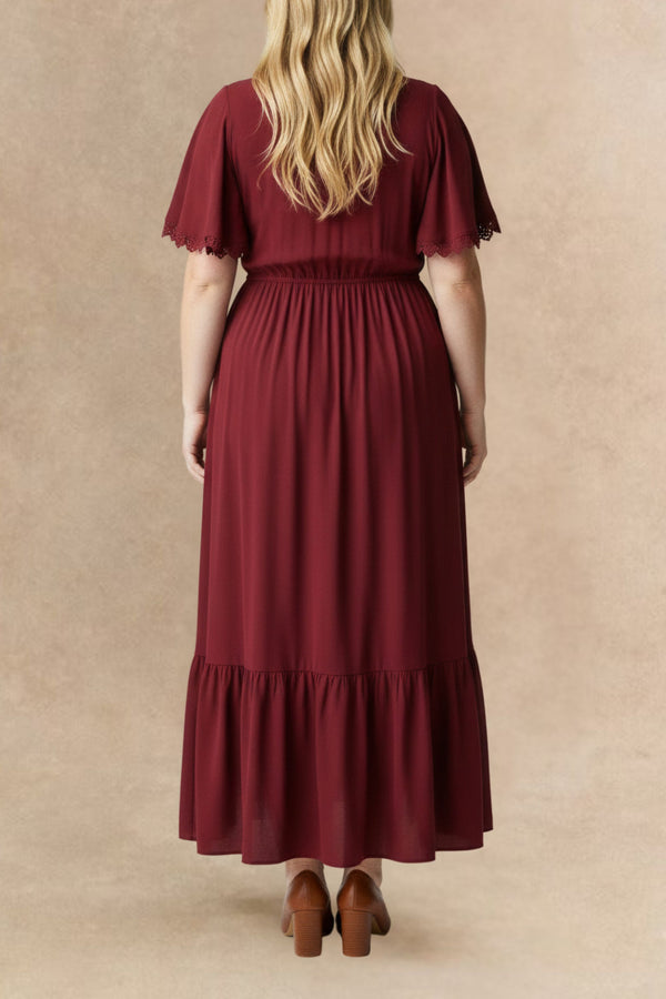 Laura Robe Longue Fluide Bordeaux Détails Dentelle