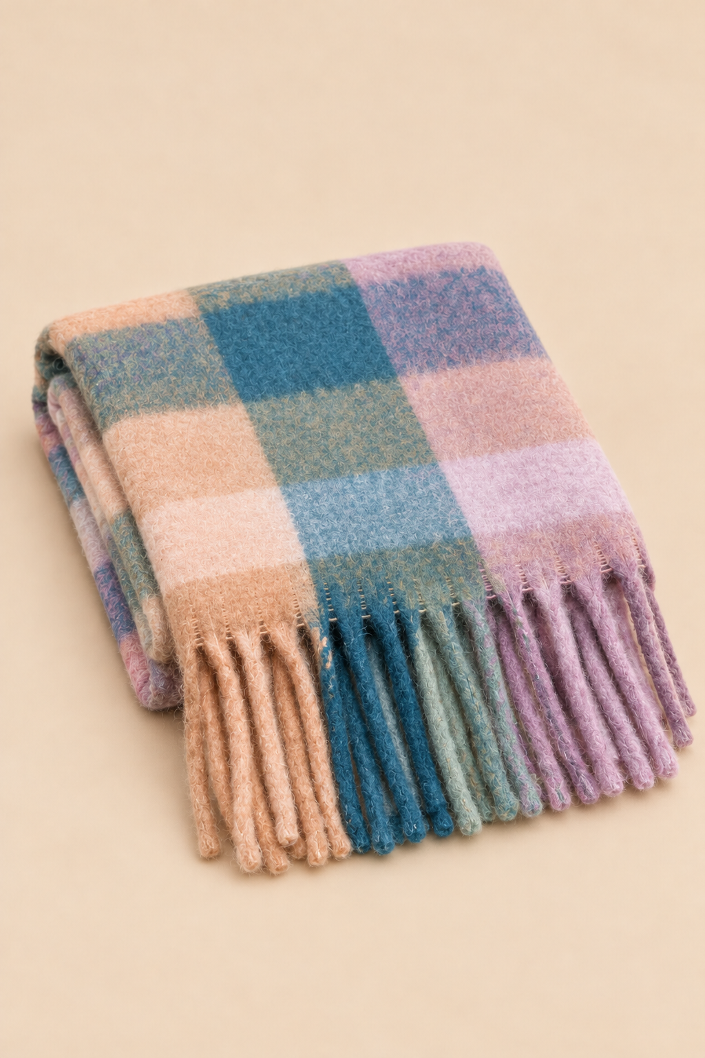 Foulard à carreaux sarcelle et taupe avec franges