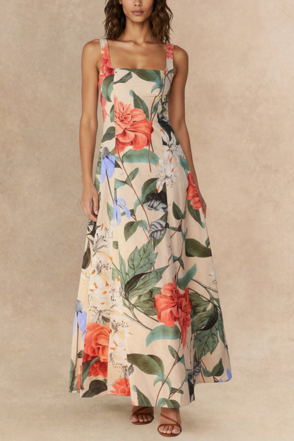 Lorène Robe Longue Fleurie Décolleté Carré