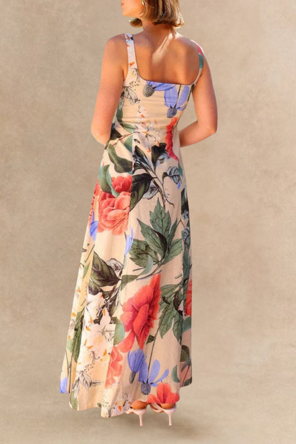 Lorène Robe Longue Fleurie Décolleté Carré