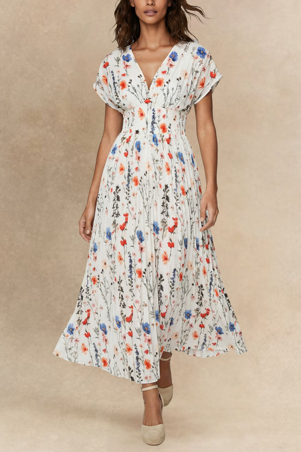 Prune Robe Longue Plissée Imprimé Floral 