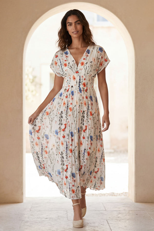Prune Robe Longue Plissée Imprimé Floral 