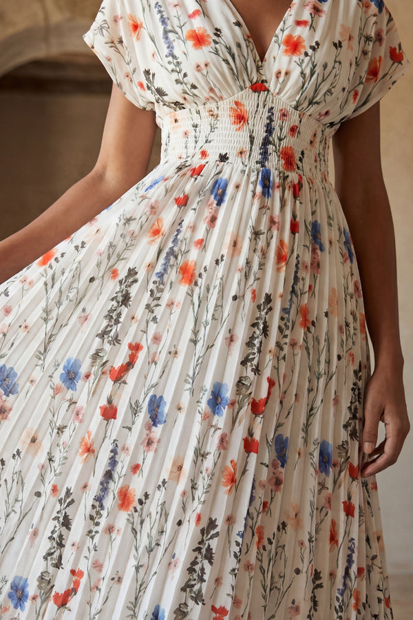 Prune Robe Longue Plissée Imprimé Floral 