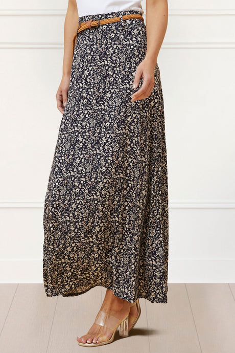 Cassie Long Skirt Ditsy Print Belt Included