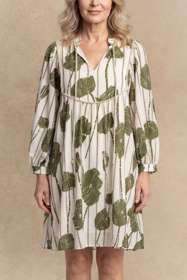 Raven Printed Tie Neck Balloon Sleeve Dress