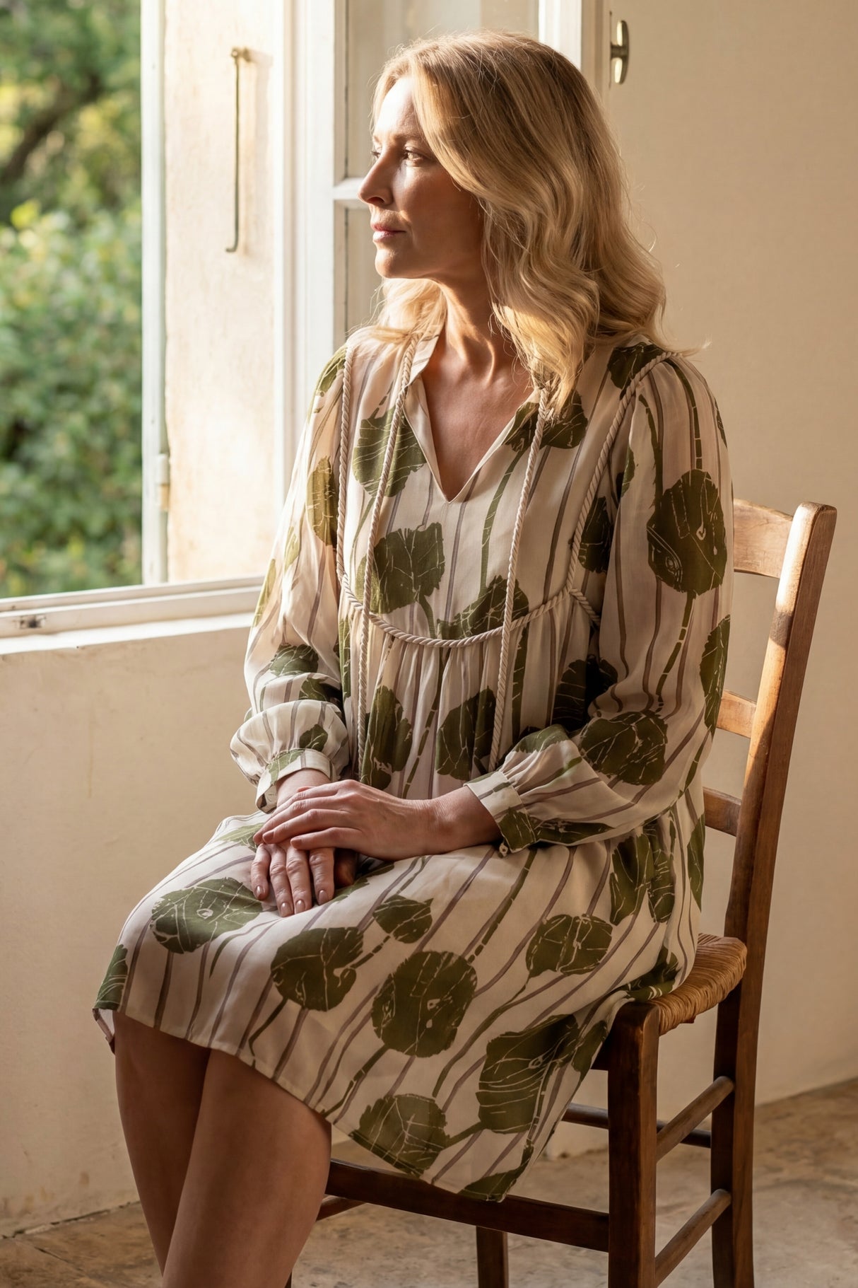 Raven Printed Tie Neck Balloon Sleeve Dress