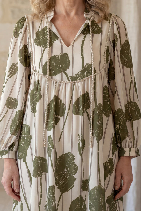 Raven Printed Tie Neck Balloon Sleeve Dress