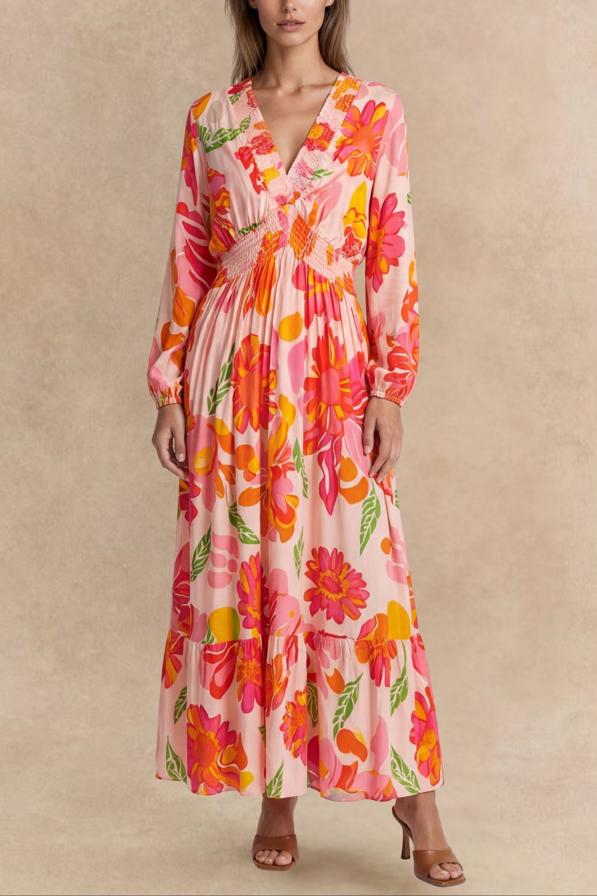 Rima Smocked Floral Long Maxi Dress