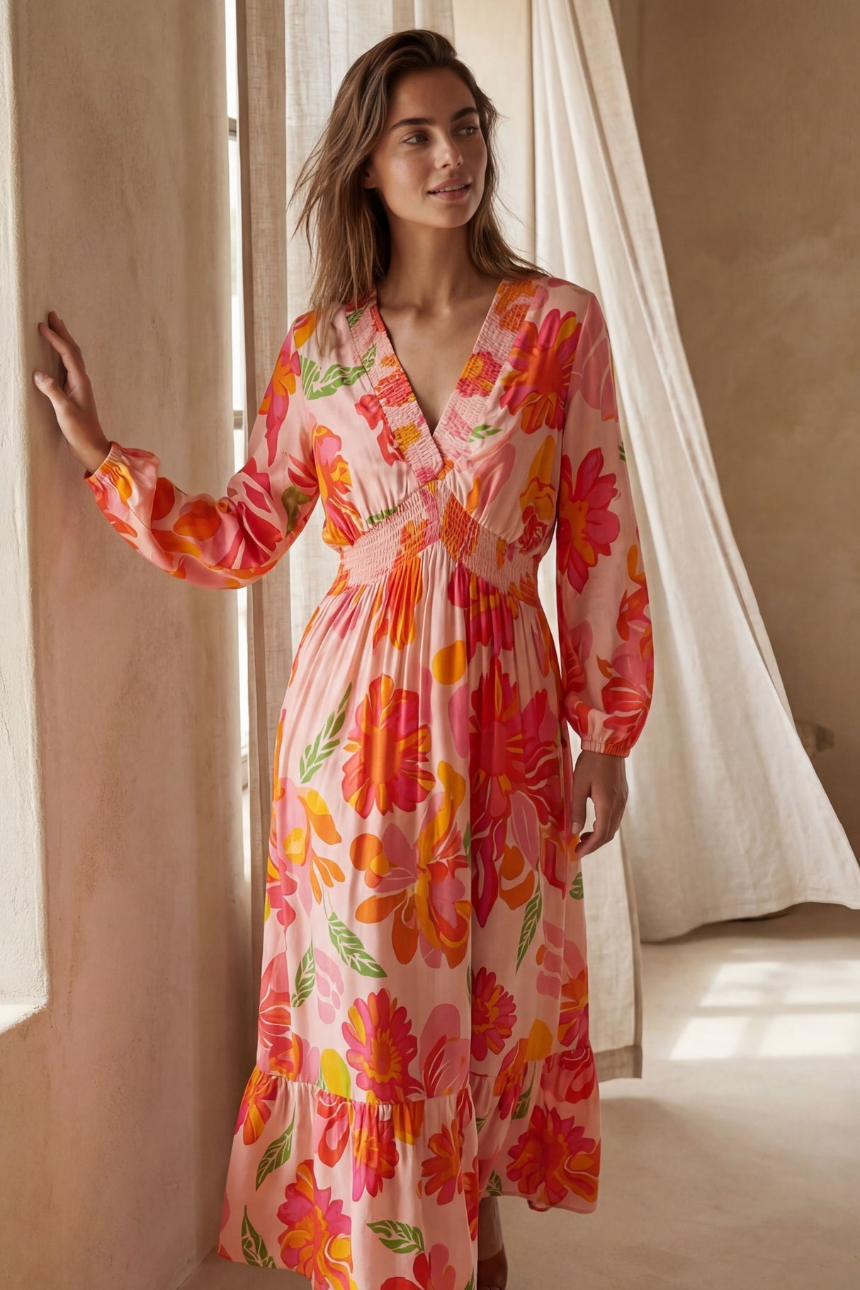 Rima Smocked Floral Long Maxi Dress
