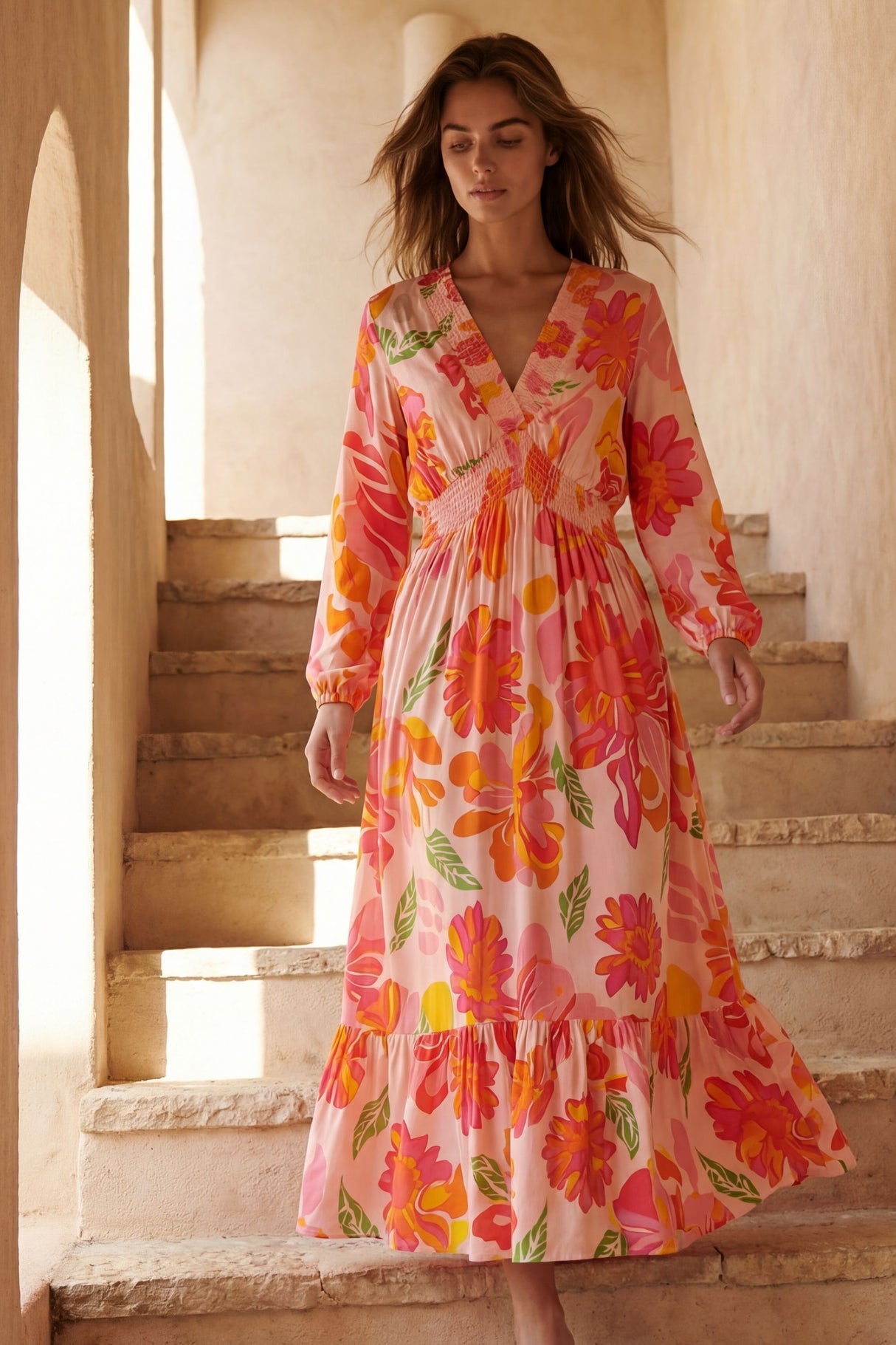 Rima Smocked Floral Long Maxi Dress