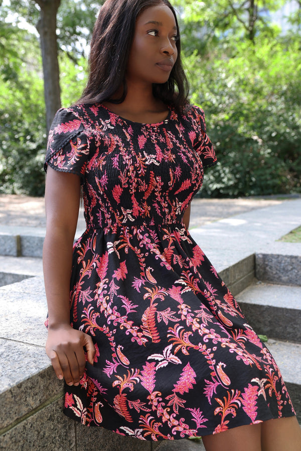 Rosalie Robe Courte Imprimé Cachemire Manches Tulipes & Poches