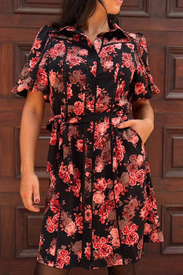 Ruby Black Floral Print Shirt Dress Belted Short Sleeves Button Front