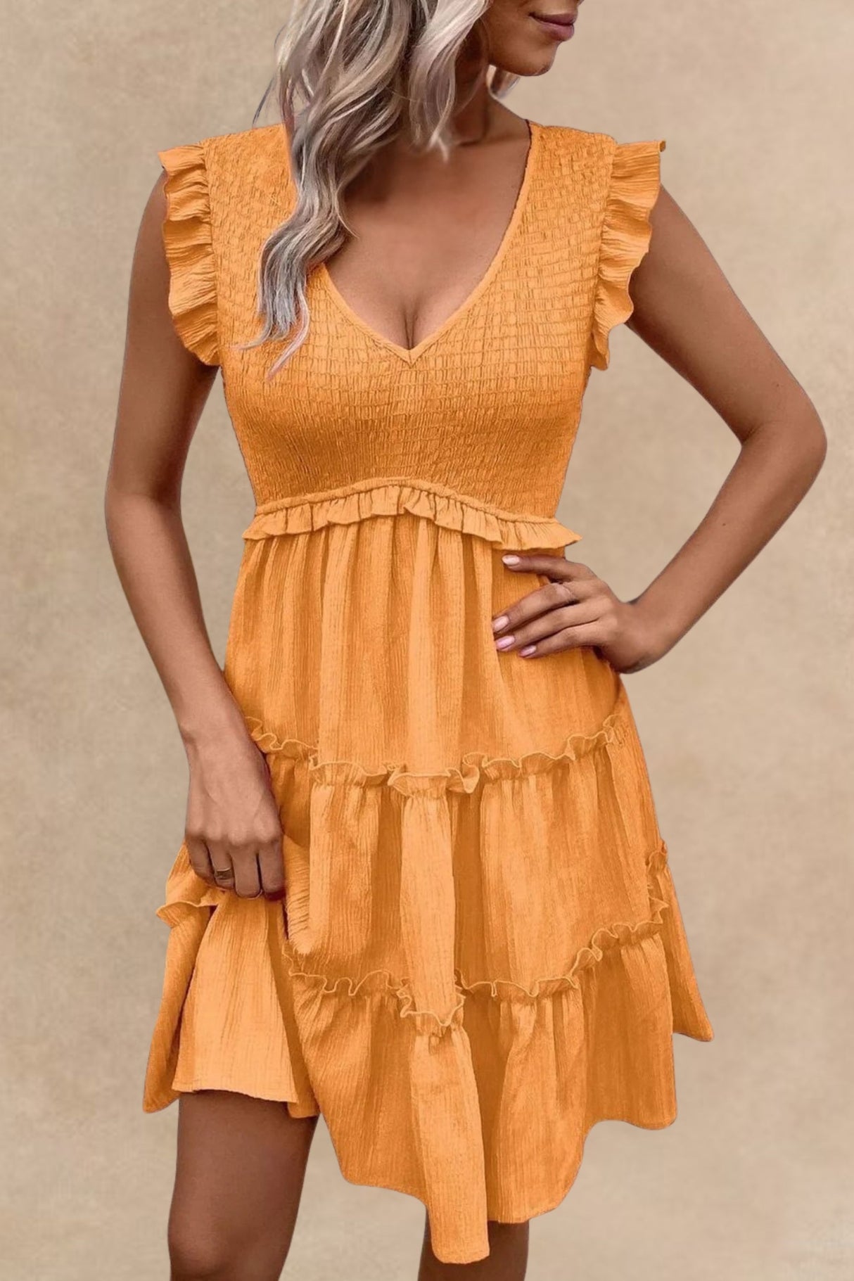 Justine Robe Décolleté Col V Volanté Manches Courtes Cap Sleeve