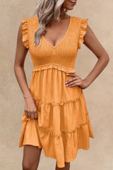 Justine Robe Décolleté Col V Volanté Manches Courtes Cap Sleeve