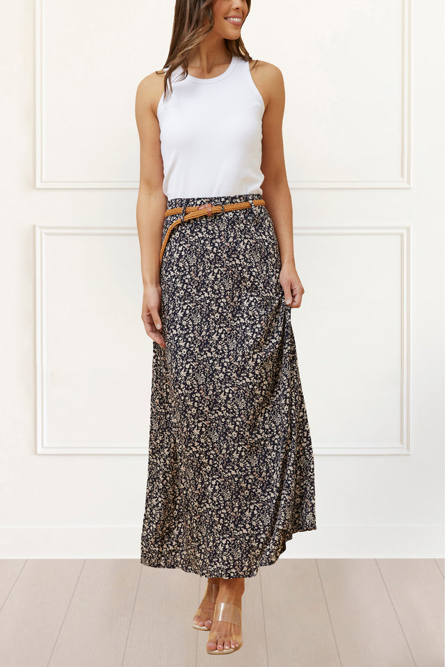 Cassie Long Skirt Ditsy Print Belt Included