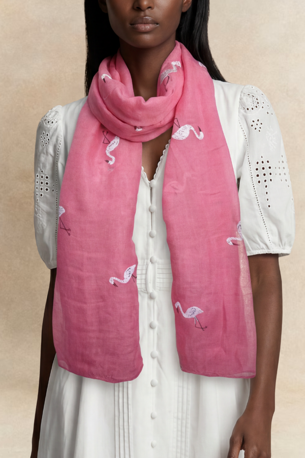Écharpe Flamingo Roses Brodée Blanc